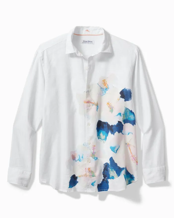 Tommy Bahama Barbados Breeze Monet Gardens StretchLinen Shirt Vintage White Men Shirts