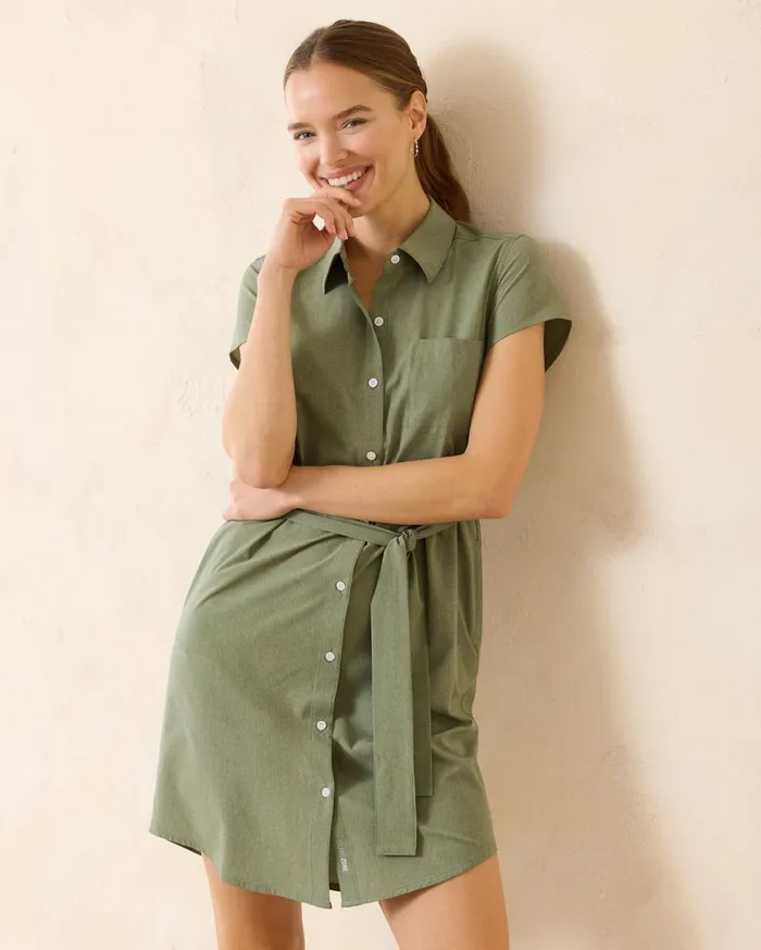 Tommy Bahama Coastalina Flounce Linen Shirt Dress Island Navy Women Dresses