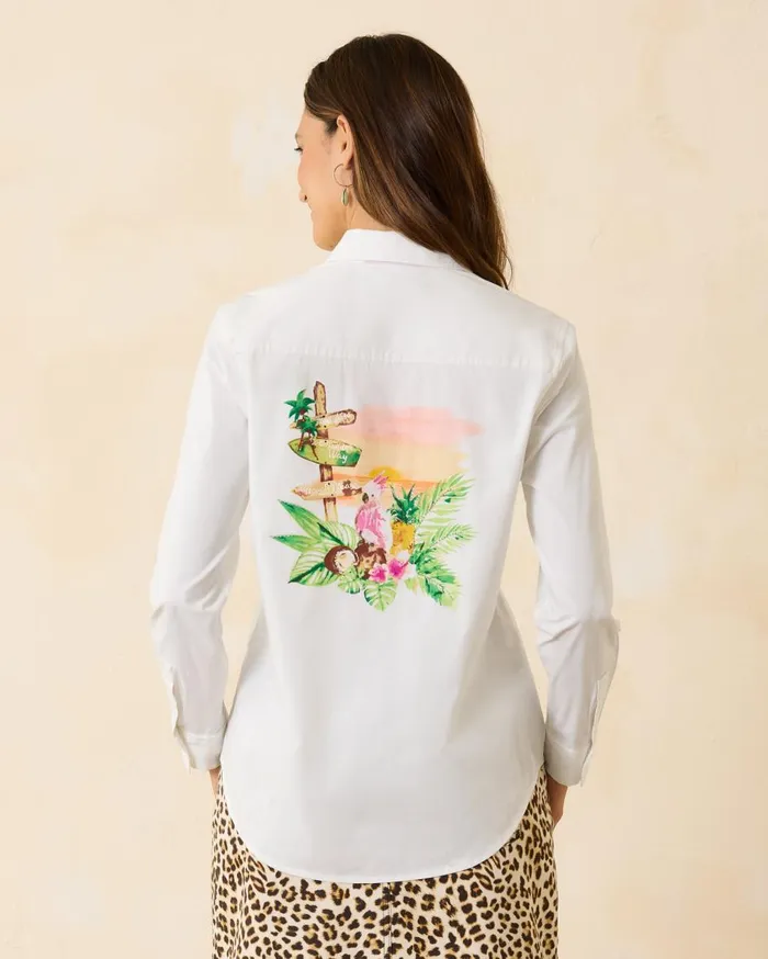 Tommy Bahama Ocean Adventure Embroidered LongSleeve Shirt White Women Tops and Shirts