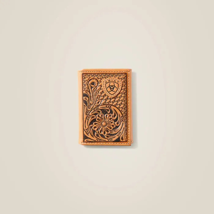Trifold Wallet Tan Floral Logo Embroidery Tan Men Ariat Bags and Wallets
