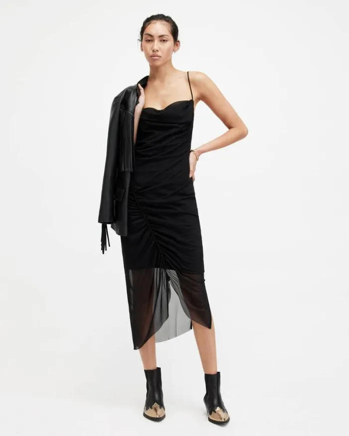 Ulla Mesh Draped Slim Fit Midi Dress Black Women AllSaints Dresses