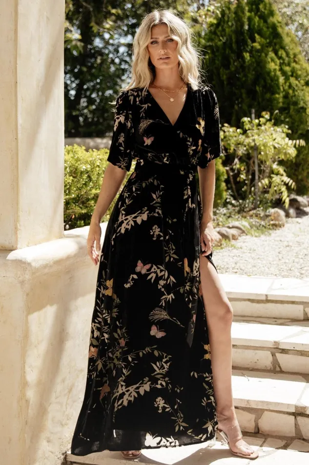 Uma Velvet Maxi Dress Black Butterfly Print Women Baltic Born Wedding Guest