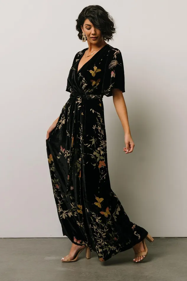 Uma Velvet Maxi Dress Black Butterfly Print Women Baltic Born Wedding Guest Uma Velvet Maxi Dress Black Butterfly Print Women Baltic Born Wedding Guest