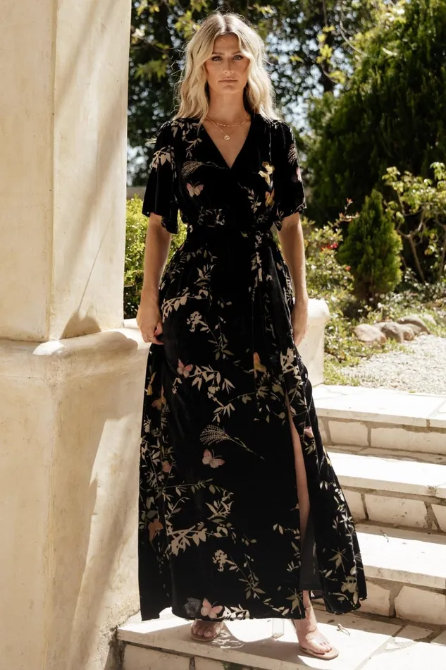 Uma Velvet Maxi Dress Black Butterfly Print Women Baltic Born Wedding Guest Uma Velvet Maxi Dress Black Butterfly Print Women Baltic Born Wedding Guest