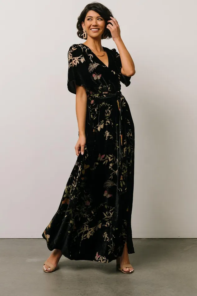 Uma Velvet Maxi Dress Black Butterfly Print Women Baltic Born Wedding Guest Uma Velvet Maxi Dress Black Butterfly Print Women Baltic Born Wedding Guest