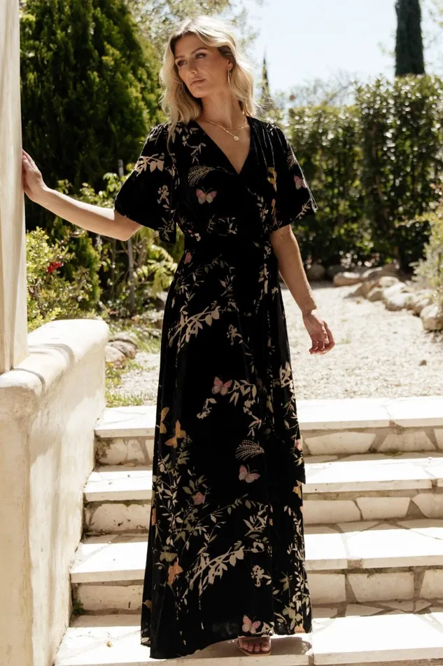 Uma Velvet Maxi Dress Black Butterfly Print Women Baltic Born Wedding Guest Uma Velvet Maxi Dress Black Butterfly Print Women Baltic Born Wedding Guest