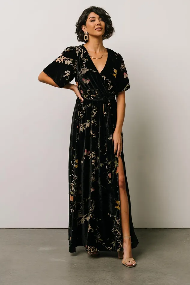 Uma Velvet Maxi Dress Black Butterfly Print Women Baltic Born Wedding Guest Uma Velvet Maxi Dress Black Butterfly Print Women Baltic Born Wedding Guest