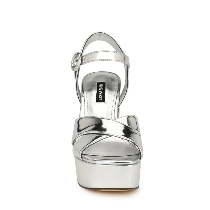 Vallen Strappy Platform Sandals Silver Women Nine West Heeled Vallen Strappy Platform Sandals Silver Women Nine West Heeled