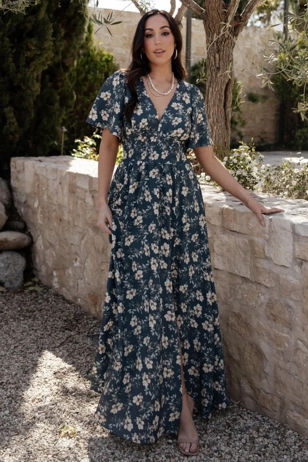 Verona Smocked Maxi Dress Slate Floral Women Baltic Born Wedding Guest