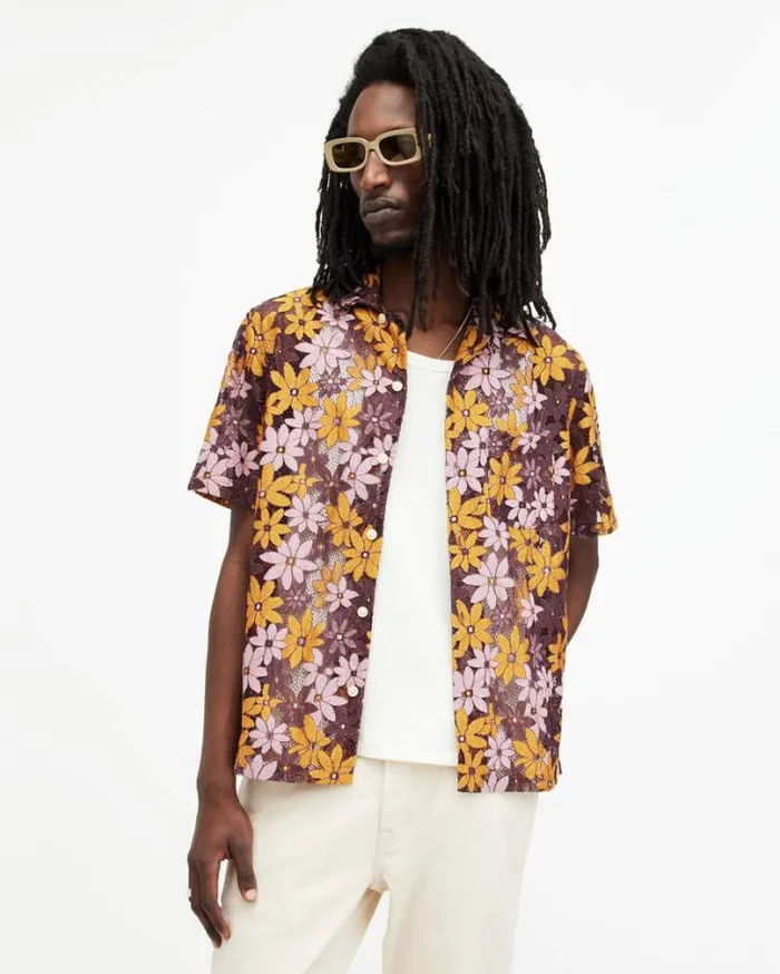 Visalia Floral Lace Relaxed Fit Shirt Lapis Purple Men AllSaints Shirts