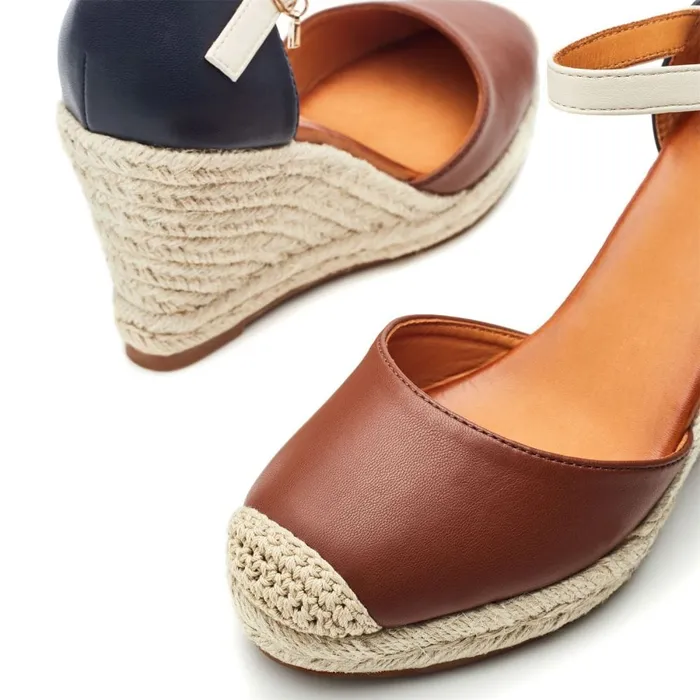 Wedge Sandals Women Moda In Pelle Gael NavyTan Synthetic
