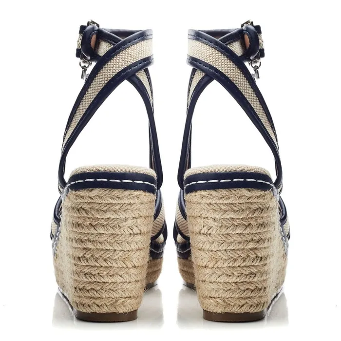 Wedge Sandals Women Moda In Pelle Pamela Navy Textile