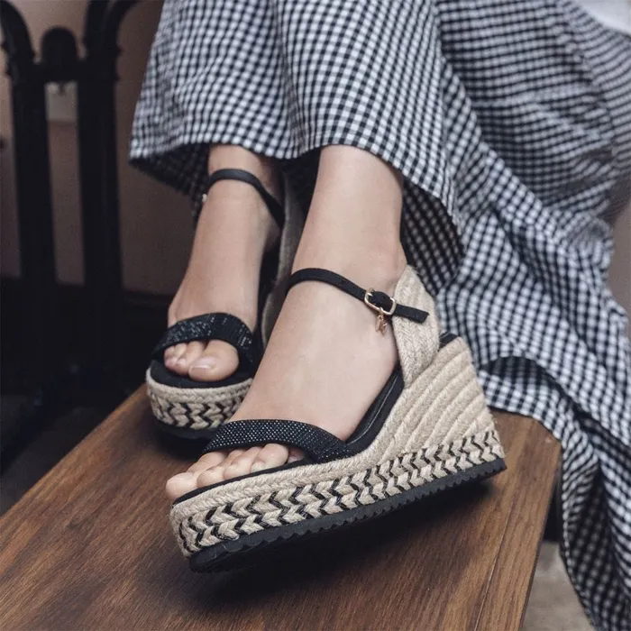 Wedge Sandals Women Moda In Pelle Raisa Black Alcantara