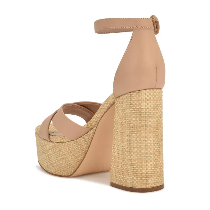 Willie Platform Sandals Barely Nude Raffia Women Nine West Heeled Willie Platform Sandals Barely Nude Raffia Women Nine West Heeled