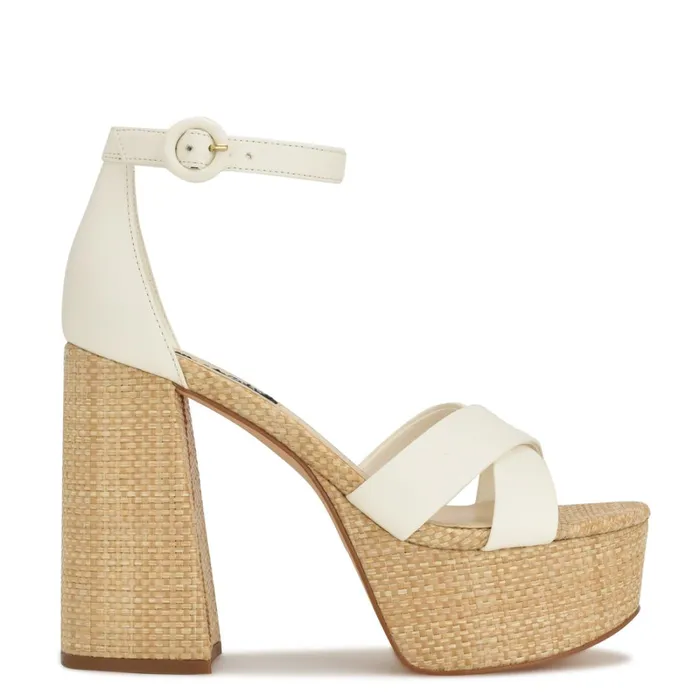 Willie Platform Sandals White Raffia Women Nine West Heeled