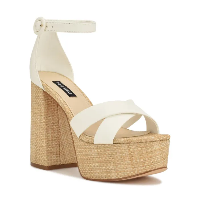 Willie Platform Sandals White Raffia Women Nine West Heeled Willie Platform Sandals White Raffia Women Nine West Heeled