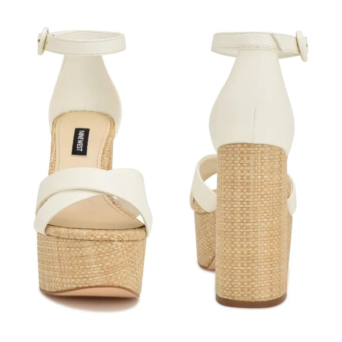 Willie Platform Sandals White Raffia Women Nine West Heeled Willie Platform Sandals White Raffia Women Nine West Heeled
