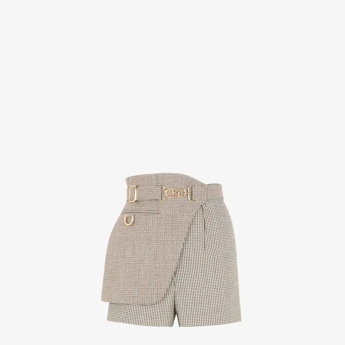 Woman Beige Houndstooth Wool Shorts Beige Fendi Pants and Shorts