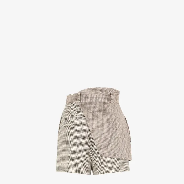 Woman Beige Houndstooth Wool Shorts Beige Fendi Pants and Shorts