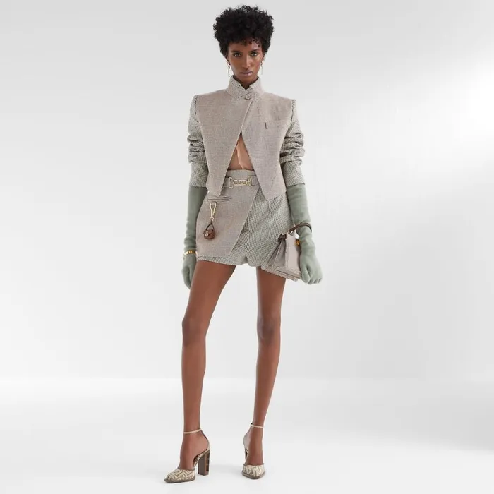 Woman Beige Houndstooth Wool Shorts Beige Fendi Pants and Shorts