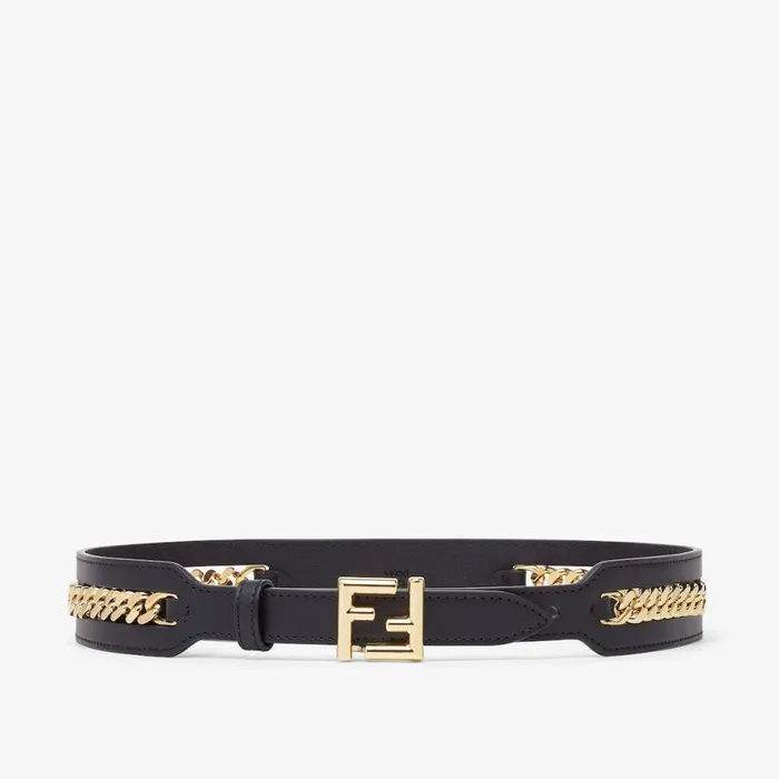 Woman Black Leather Belt With Chain Detail Black Fendi Belts