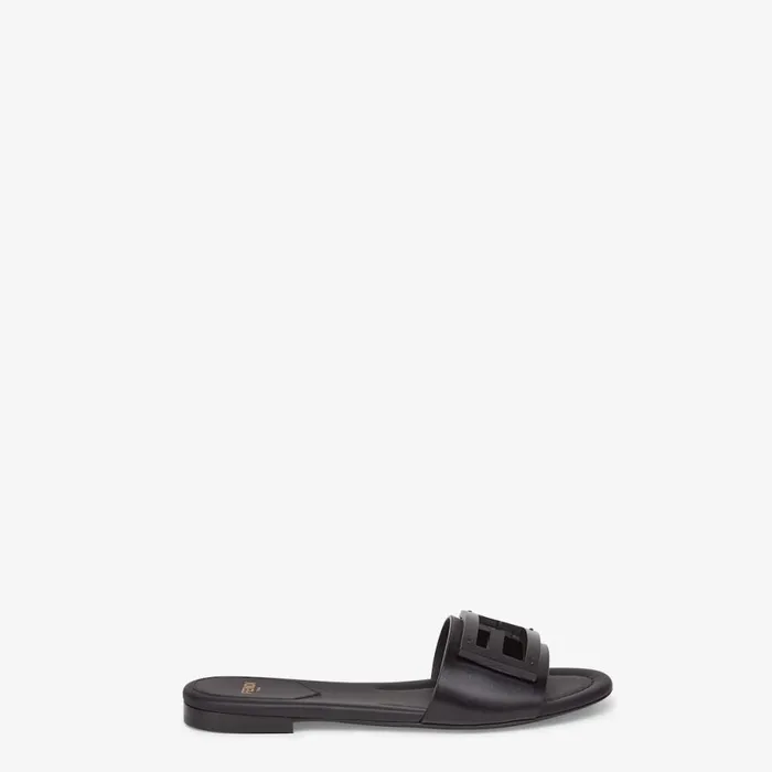 Woman Black Leather Slides Black Fendi Slides and Mules