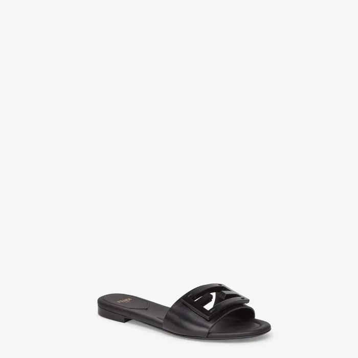 Woman Black Leather Slides Black Fendi Slides and Mules