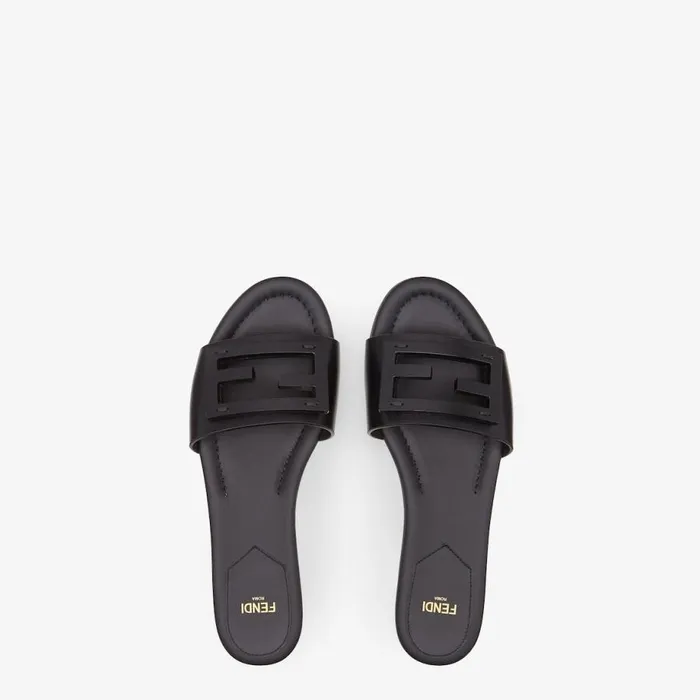 Woman Black Leather Slides Black Fendi Slides and Mules