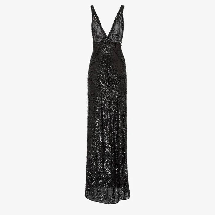 Woman Black Sequin And Chiffon Dress Black Fendi Dresses and Jumpsuits