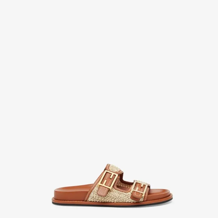 Woman Brown Leather Slides Brown Fendi Slides and Mules