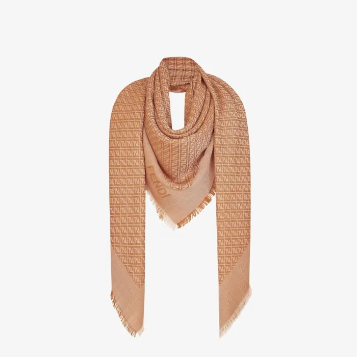 Woman Caramel Silk And Wool Shawl Brown Fendi Scarves and Silks
