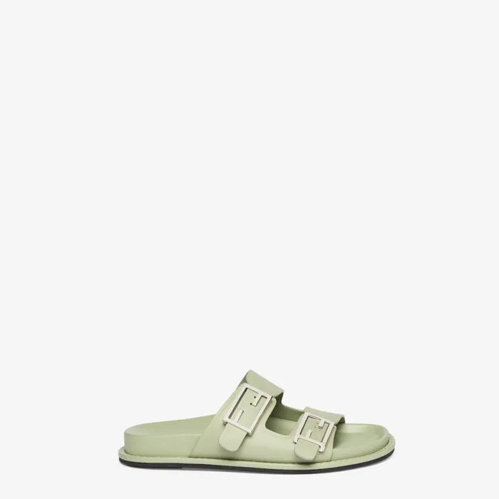Woman Green Leather Slides Green Fendi Slides and Mules