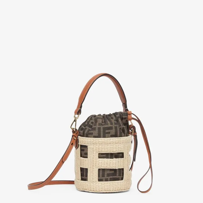 Woman Natural Straw And Ff Fabric MiniBag Beige Fendi Mini Bags
