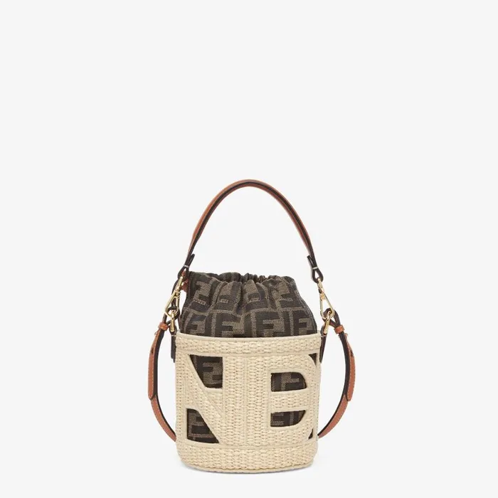 Woman Natural Straw And Ff Fabric MiniBag Beige Fendi Mini Bags