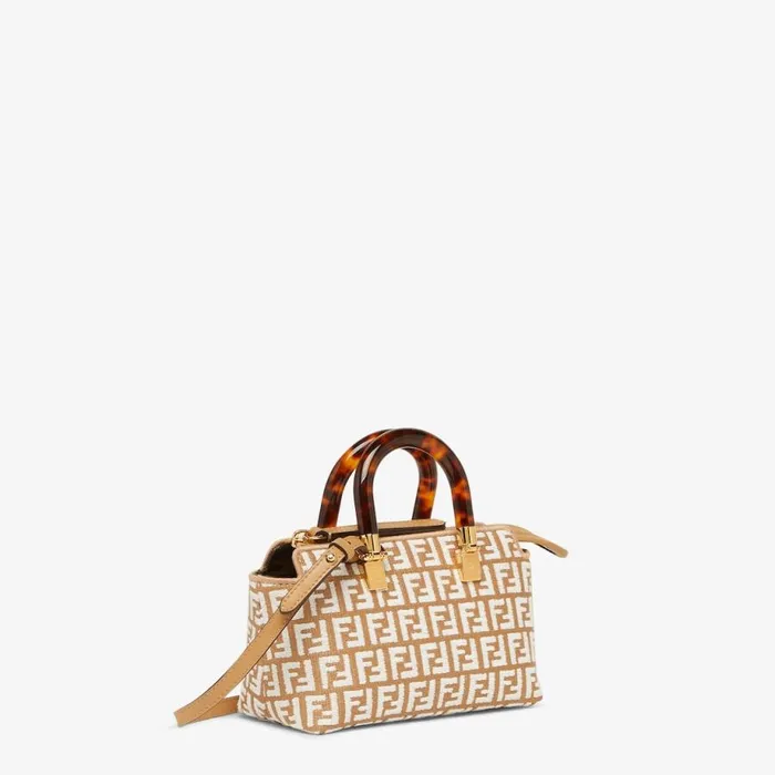 Woman Small Raffia Boston Bag With A White Tapestry Fabric Ff Motif White Fendi Mini Bags