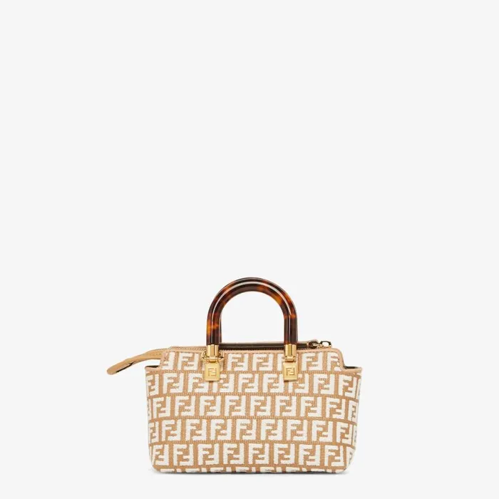 Woman Small Raffia Boston Bag With A White Tapestry Fabric Ff Motif White Fendi Mini Bags