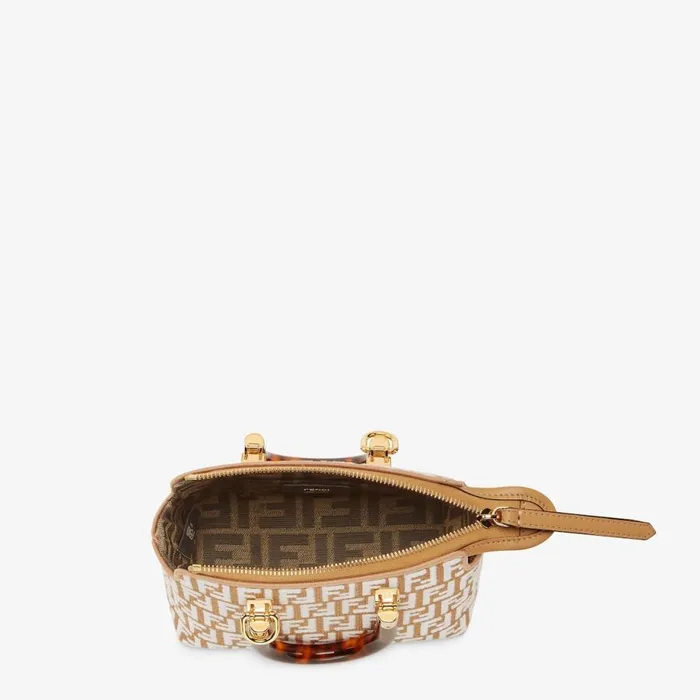 Woman Small Raffia Boston Bag With A White Tapestry Fabric Ff Motif White Fendi Mini Bags