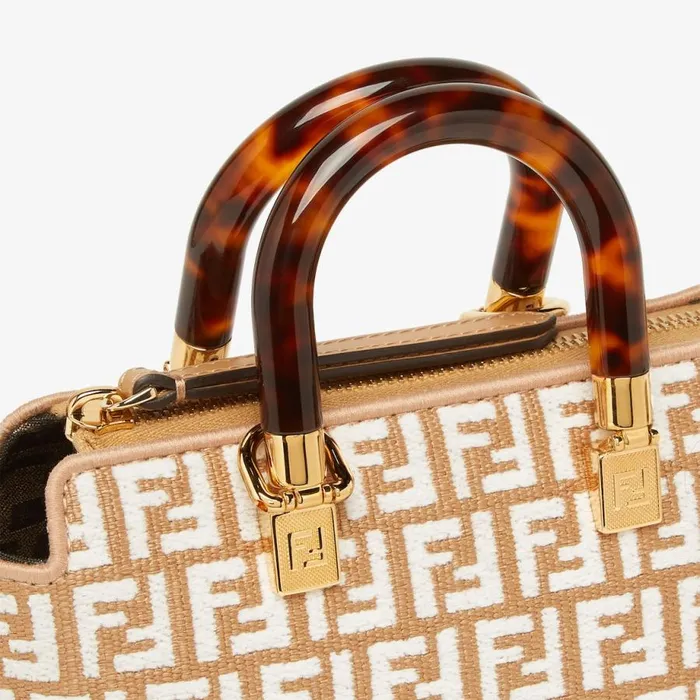Woman Small Raffia Boston Bag With A White Tapestry Fabric Ff Motif White Fendi Mini Bags