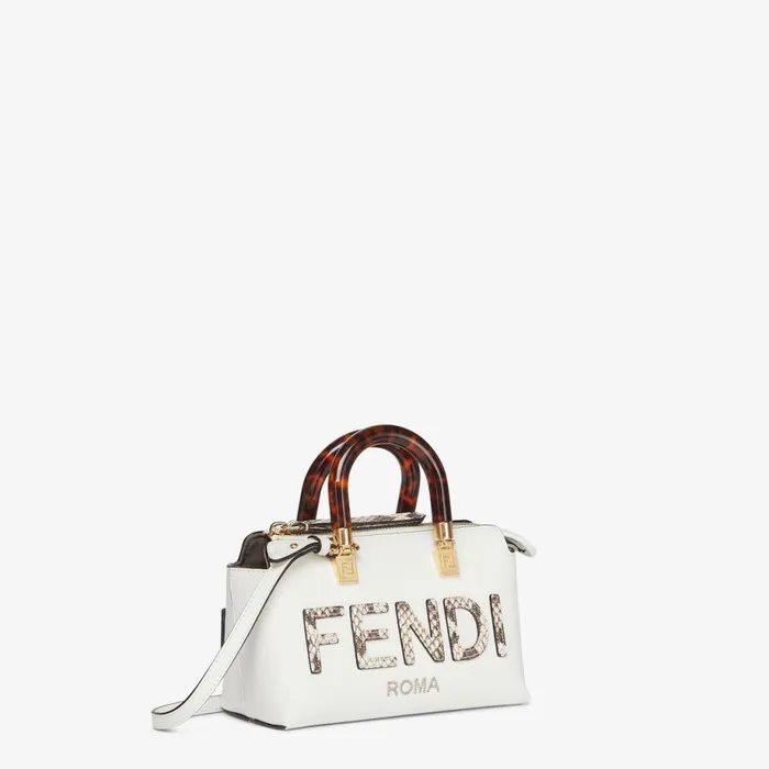 Woman Small White Leather And Elaphe Boston Bag White Fendi Mini Bags