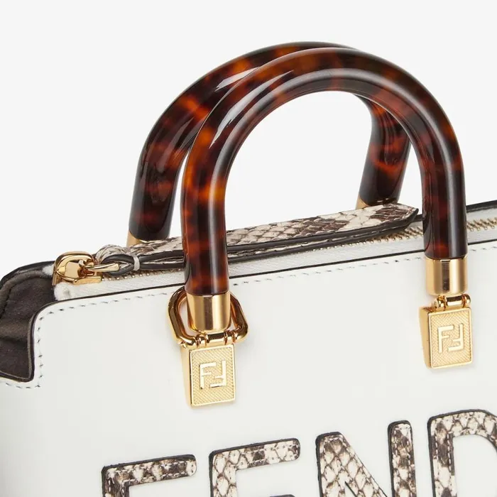 Woman Small White Leather And Elaphe Boston Bag White Fendi Mini Bags