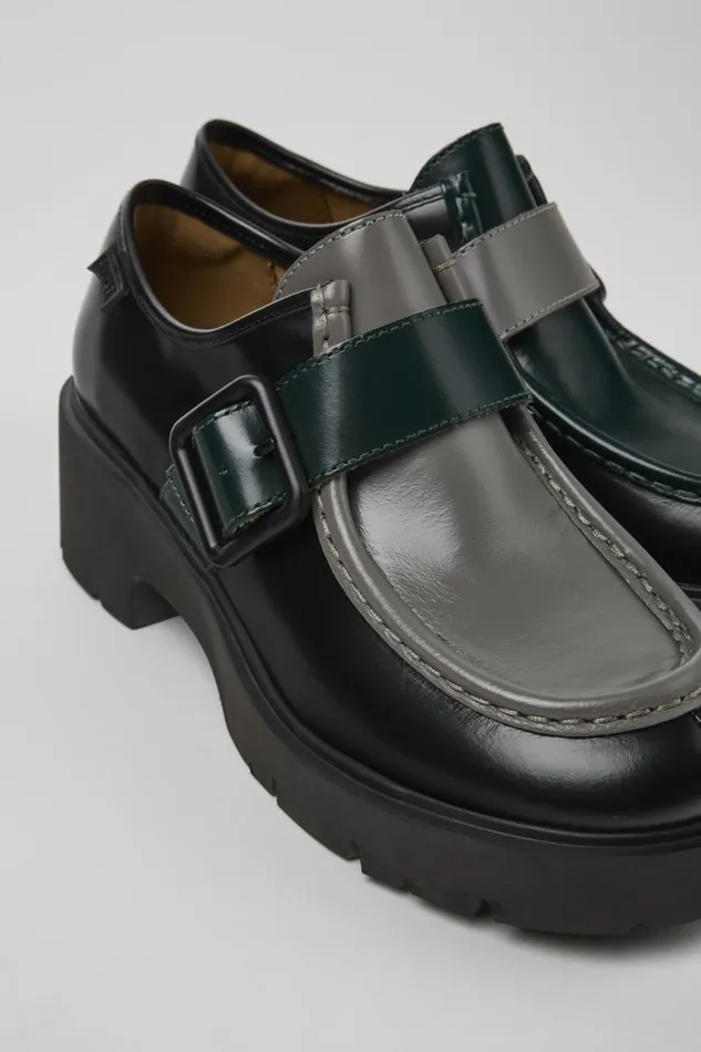 Women Camper Casual Shoes Twins Black And Gray Leather Loafers