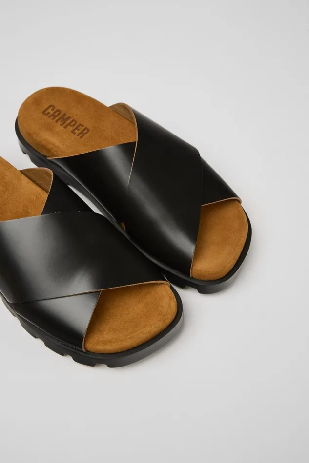 Women Camper Flat Shoes Brutus Sandal Black Leather Sandals