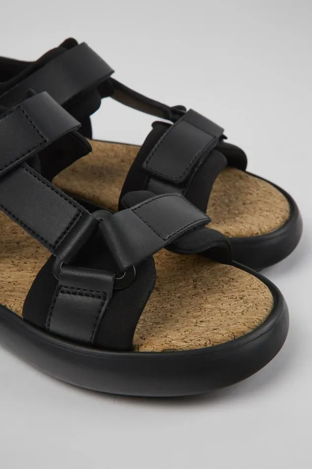 Women Camper Flat Shoes Pelotas Flota Black Leather And Textile Sandals