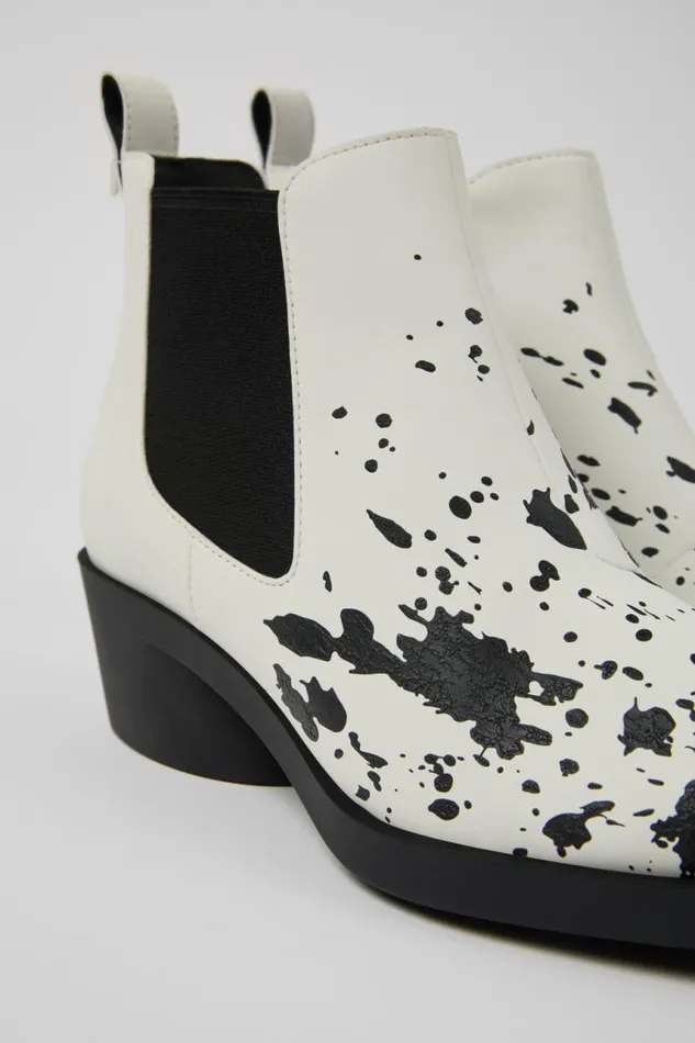 Women Camper Heels Bonnie White And Black Leather Ankle Boots