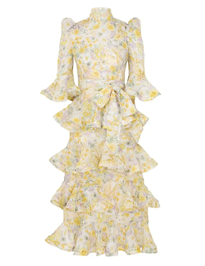 Women Clothing Zimmermann Harmony Tiered Midi Dress Citrus Garden Print