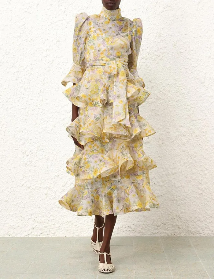 Women Clothing Zimmermann Harmony Tiered Midi Dress Citrus Garden Print
