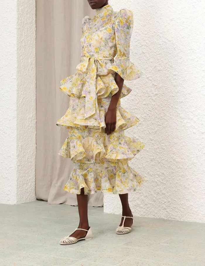 Women Clothing Zimmermann Harmony Tiered Midi Dress Citrus Garden Print