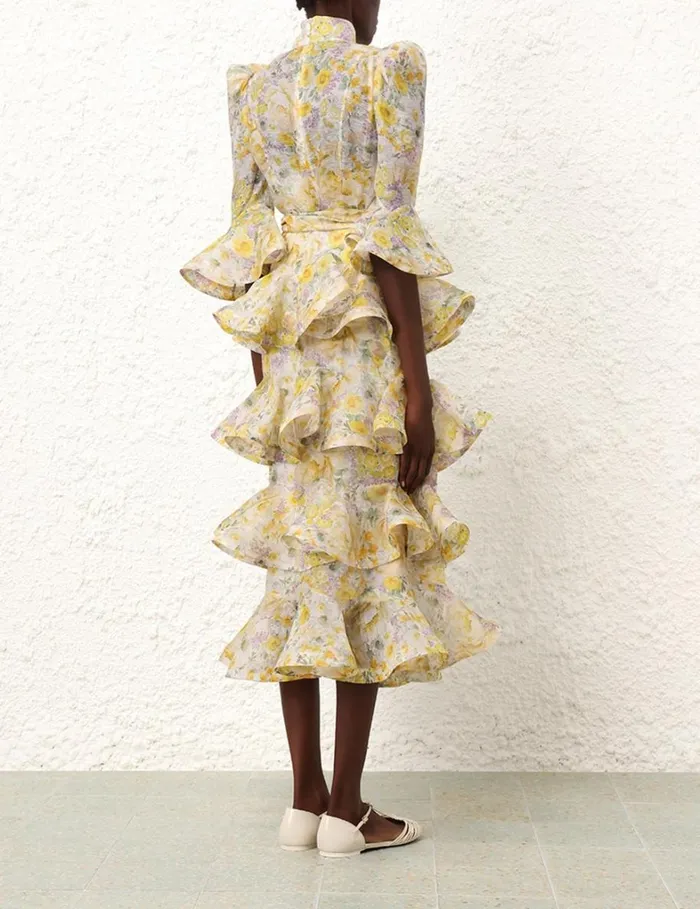 Women Clothing Zimmermann Harmony Tiered Midi Dress Citrus Garden Print
