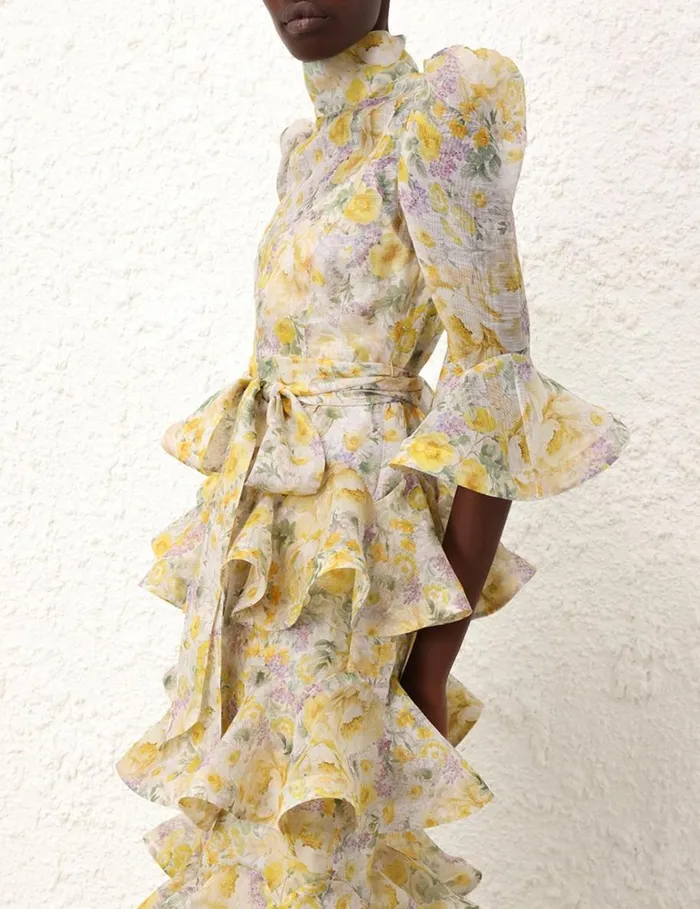 Women Clothing Zimmermann Harmony Tiered Midi Dress Citrus Garden Print