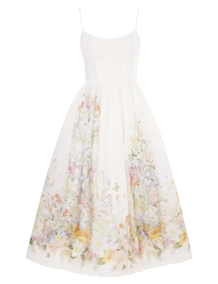 Women Clothing Zimmermann Natura Ruched Midi Dress Ivory Wild Flowers